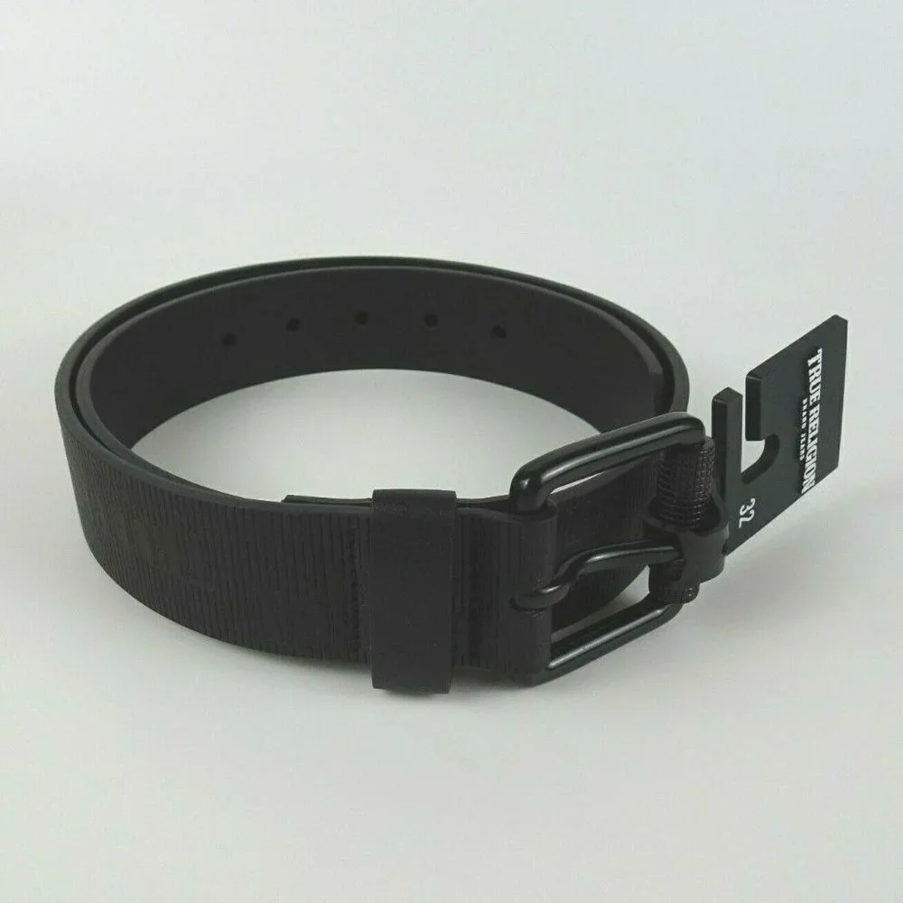 New TRUE RELIGION Men's Embossed Van Belt Matte Black Faux Leather Textured 32